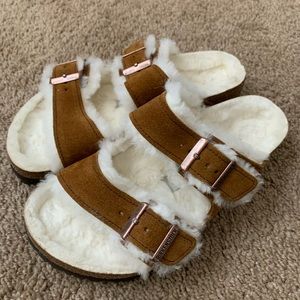 Birkenstock Arizona Shearling Suede Leather Mink Fur Slide Sandals Size 36 5.5